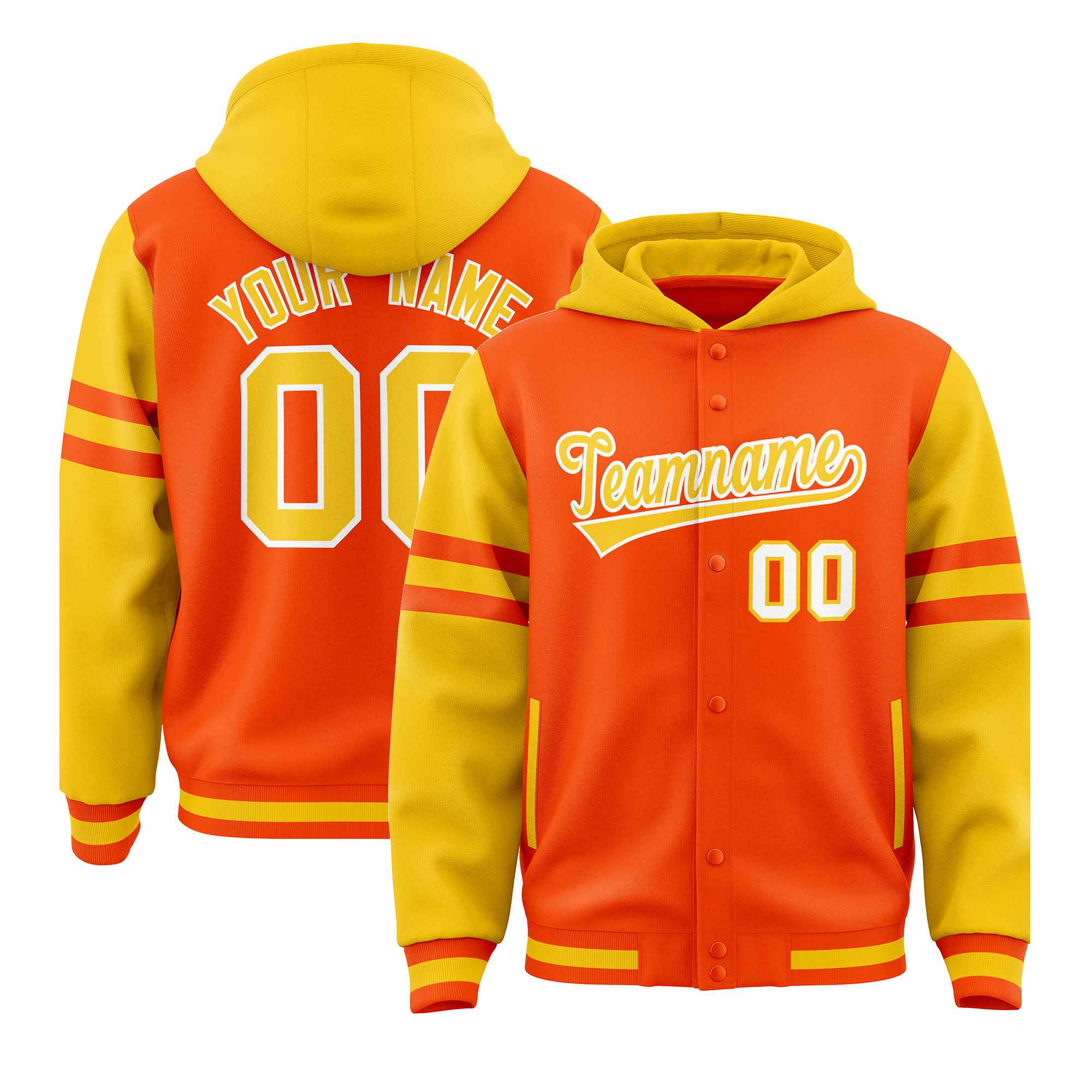 Custom Orange Gold Raglan Sleeves Varsity Full-Snap Letterman Three Stripes Hoodie Jacket