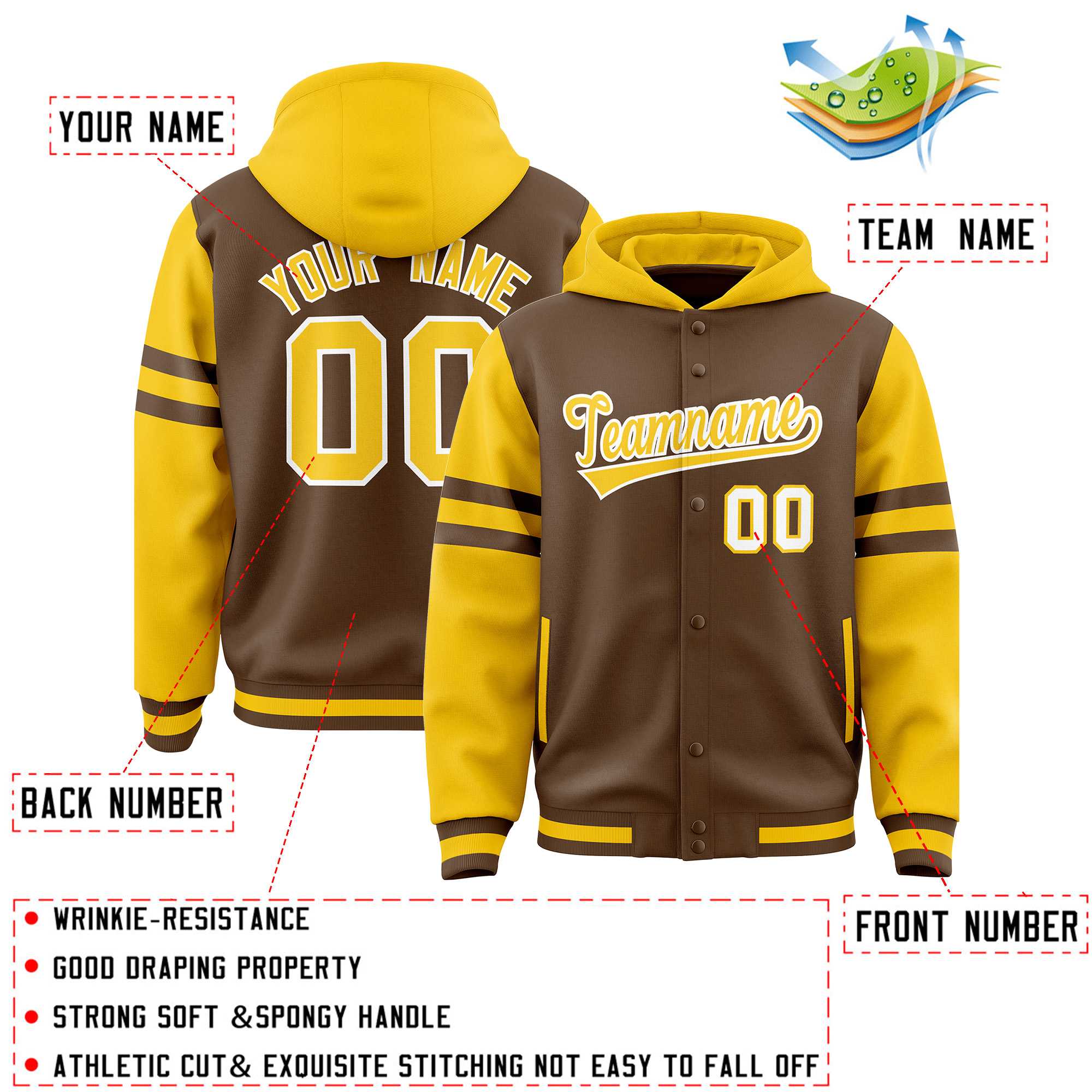 Custom Light Brown Gold Raglan Sleeves Varsity Full-Snap Letterman Three Stripes Hoodie Jacket