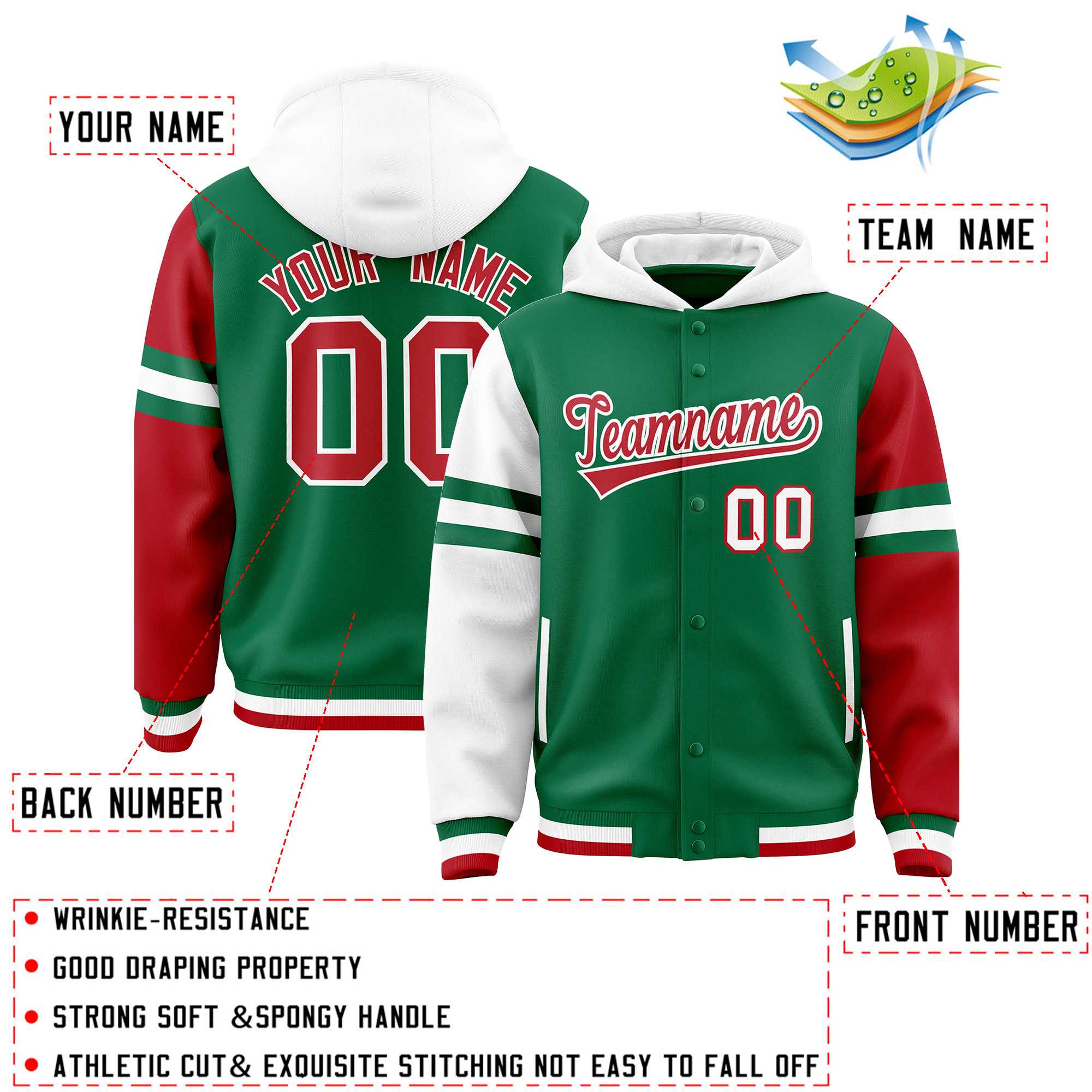 Custom Kelly Green White-Red Raglan Sleeves Varsity Full-Snap Letterman Three Stripes Hoodie Jacket