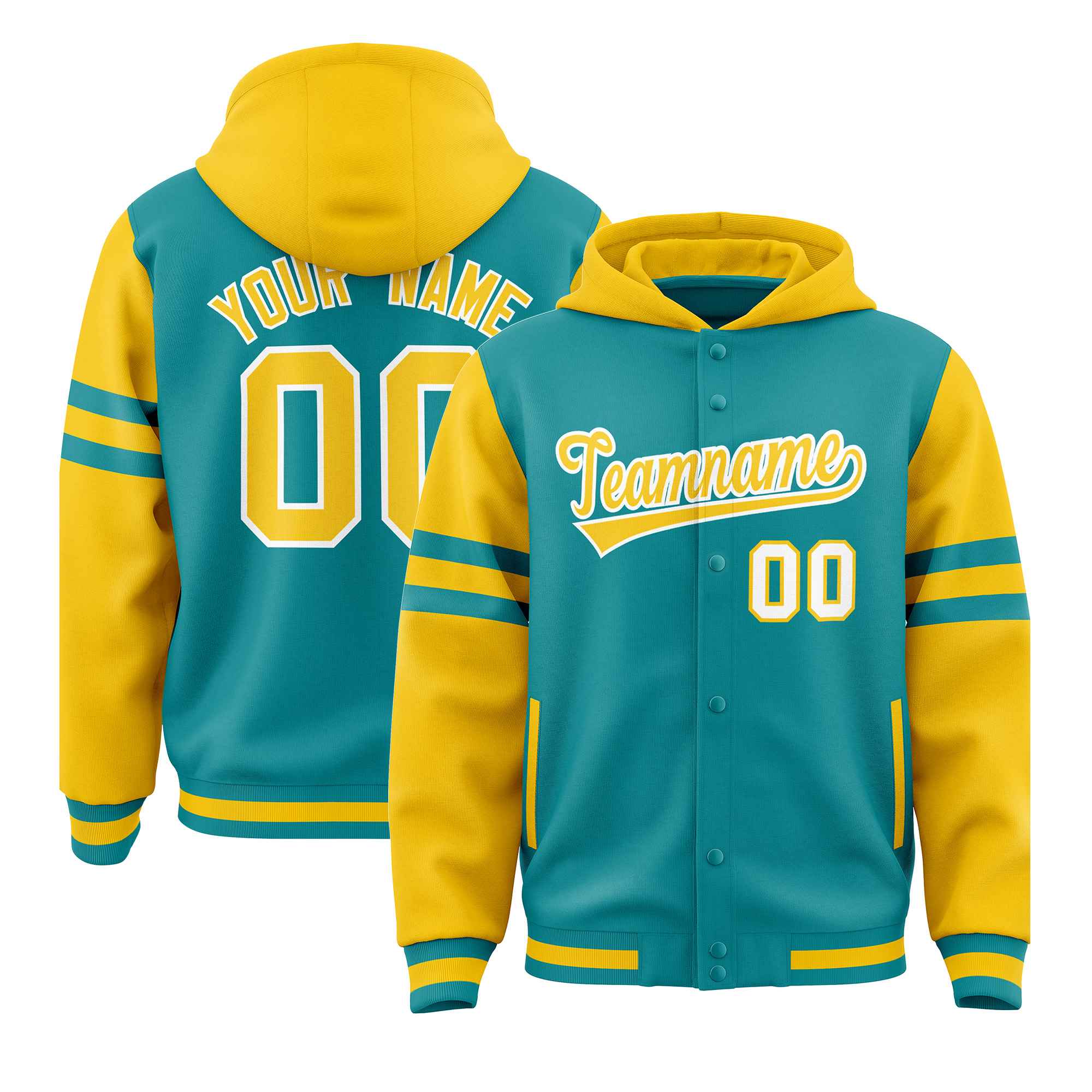 Custom Aqua Gold Raglan Sleeves Varsity Full-Snap Letterman Three Stripes Hoodie Jacket