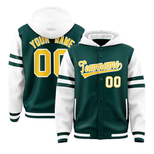 Custom Midnight Green White Raglan Sleeves Varsity Full-Snap Letterman Three Stripes Hoodie Jacket