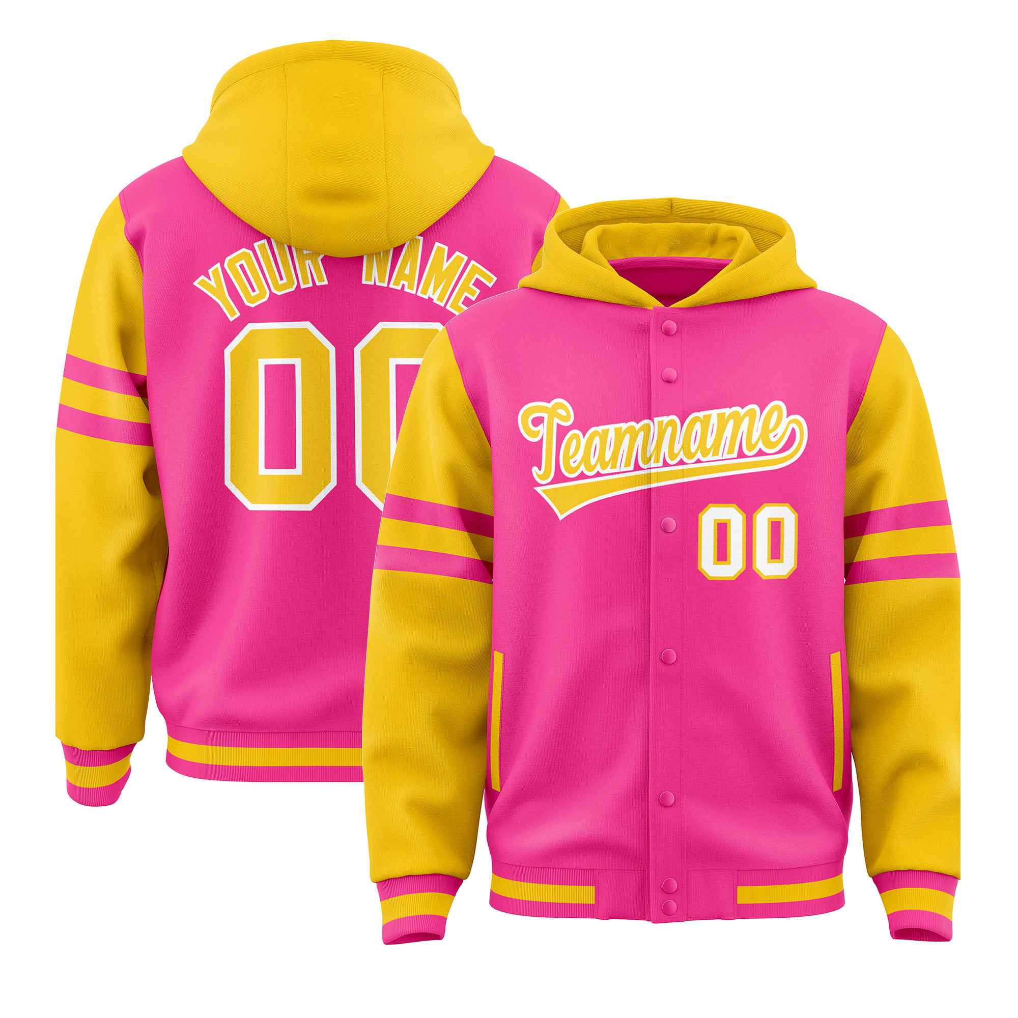 Custom Pink Gold Raglan Sleeves Varsity Full-Snap Letterman Three Stripes Hoodie Jacket