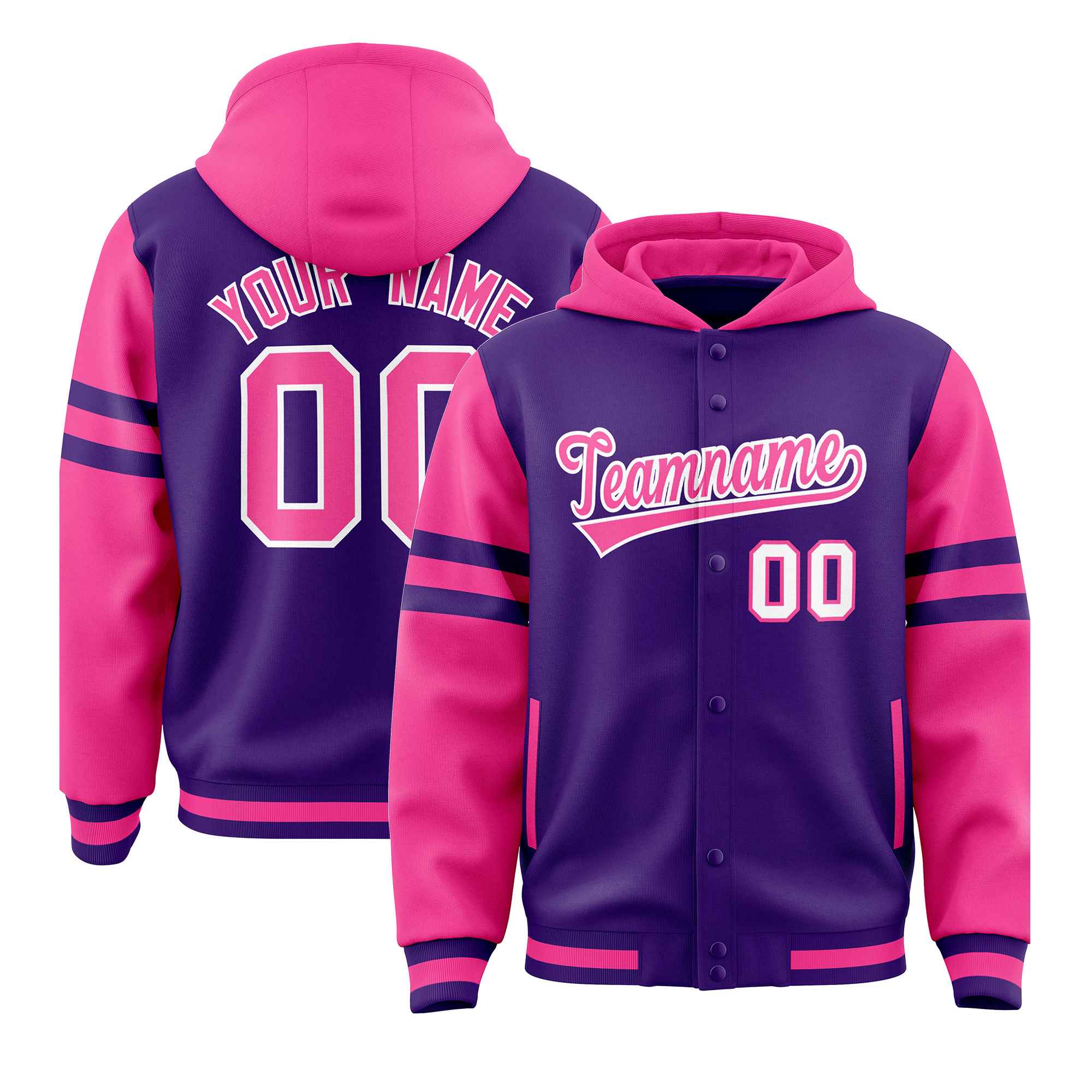 Custom Purple Pink Raglan Sleeves Varsity Full-Snap Letterman Three Stripes Hoodie Jacket