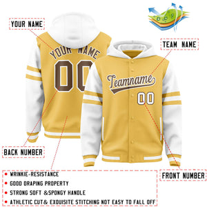 Custom Khaki White Raglan Sleeves Varsity Full-Snap Letterman Three Stripes Hoodie Jacket