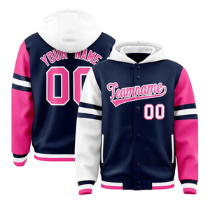 Custom Navy White-Pink Raglan Sleeves Varsity Full-Snap Letterman Three Stripes Hoodie Jacket