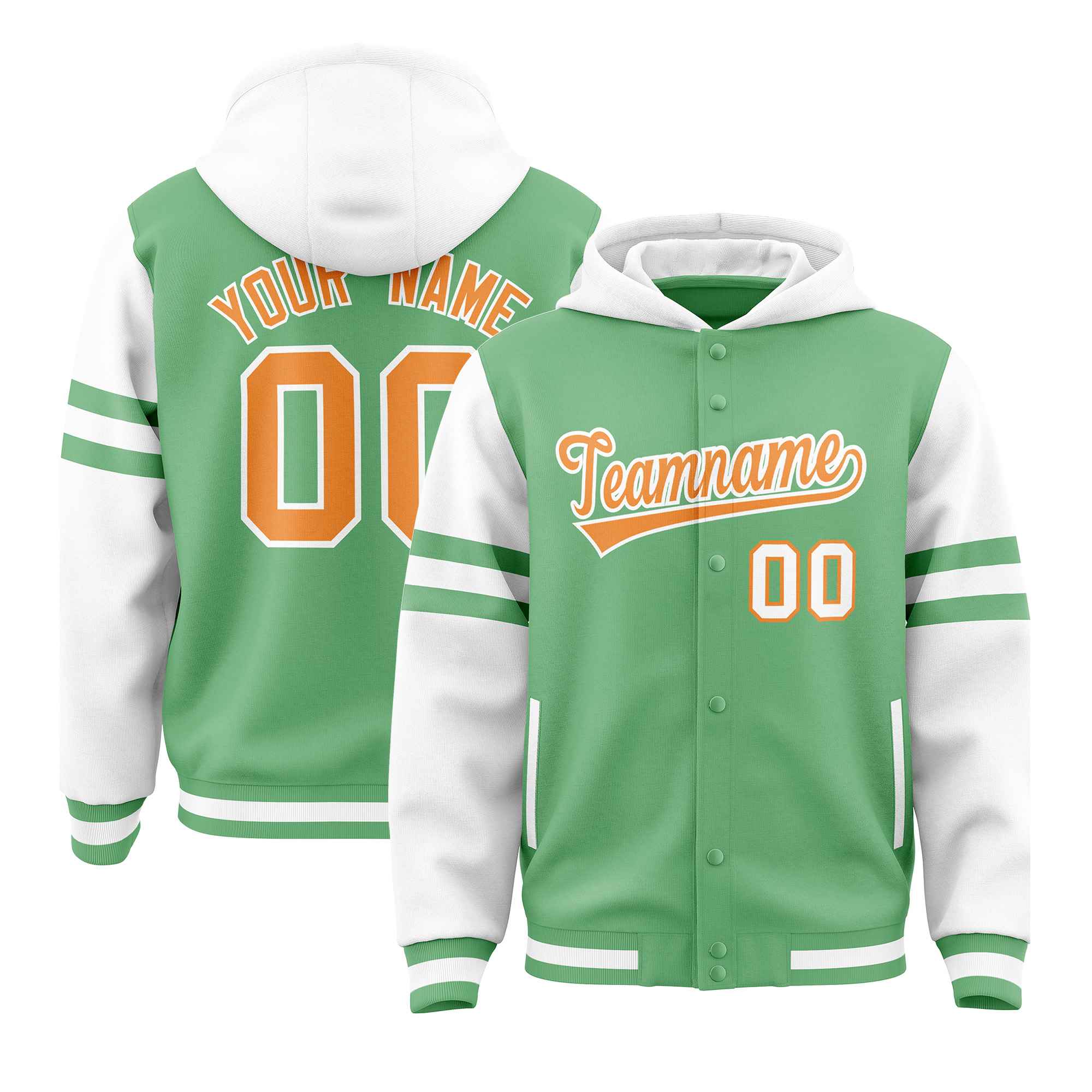 Custom Light Green White Raglan Sleeves Varsity Full-Snap Letterman Three Stripes Hoodie Jacket