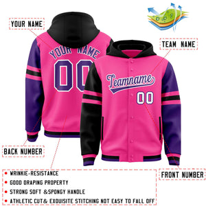 Custom Pink Black-Purple Raglan Sleeves Varsity Full-Snap Letterman Three Stripes Hoodie Jacket