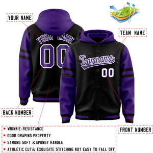 Custom Black Purple Raglan Sleeves Varsity Full-Snap Letterman Three Stripes Hoodie Jacket