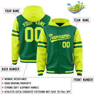 Custom Kelly Green Fluorescent Green Raglan Sleeves Varsity Full-Snap Letterman Three Stripes Hoodie Jacket