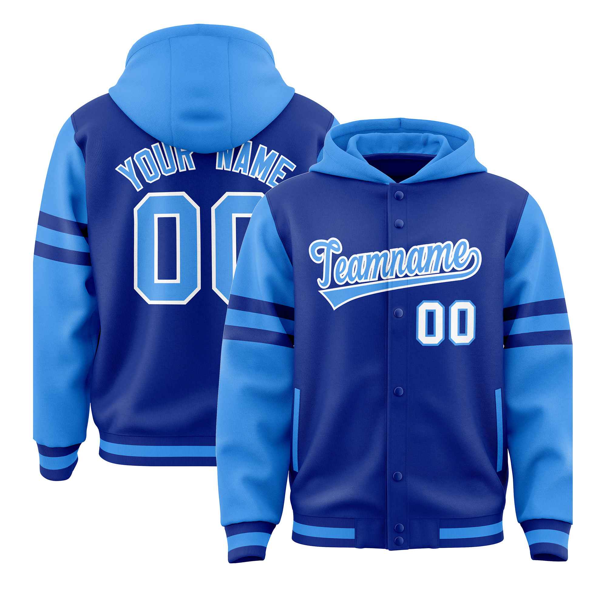 Custom Royal Powder Blue Raglan Sleeves Varsity Full-Snap Letterman Three Stripes Hoodie Jacket