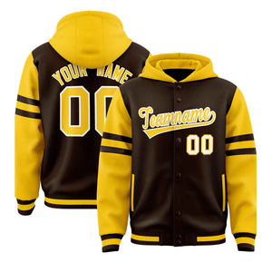 Custom Brown Gold Raglan Sleeves Varsity Full-Snap Letterman Three Stripes Hoodie Jacket