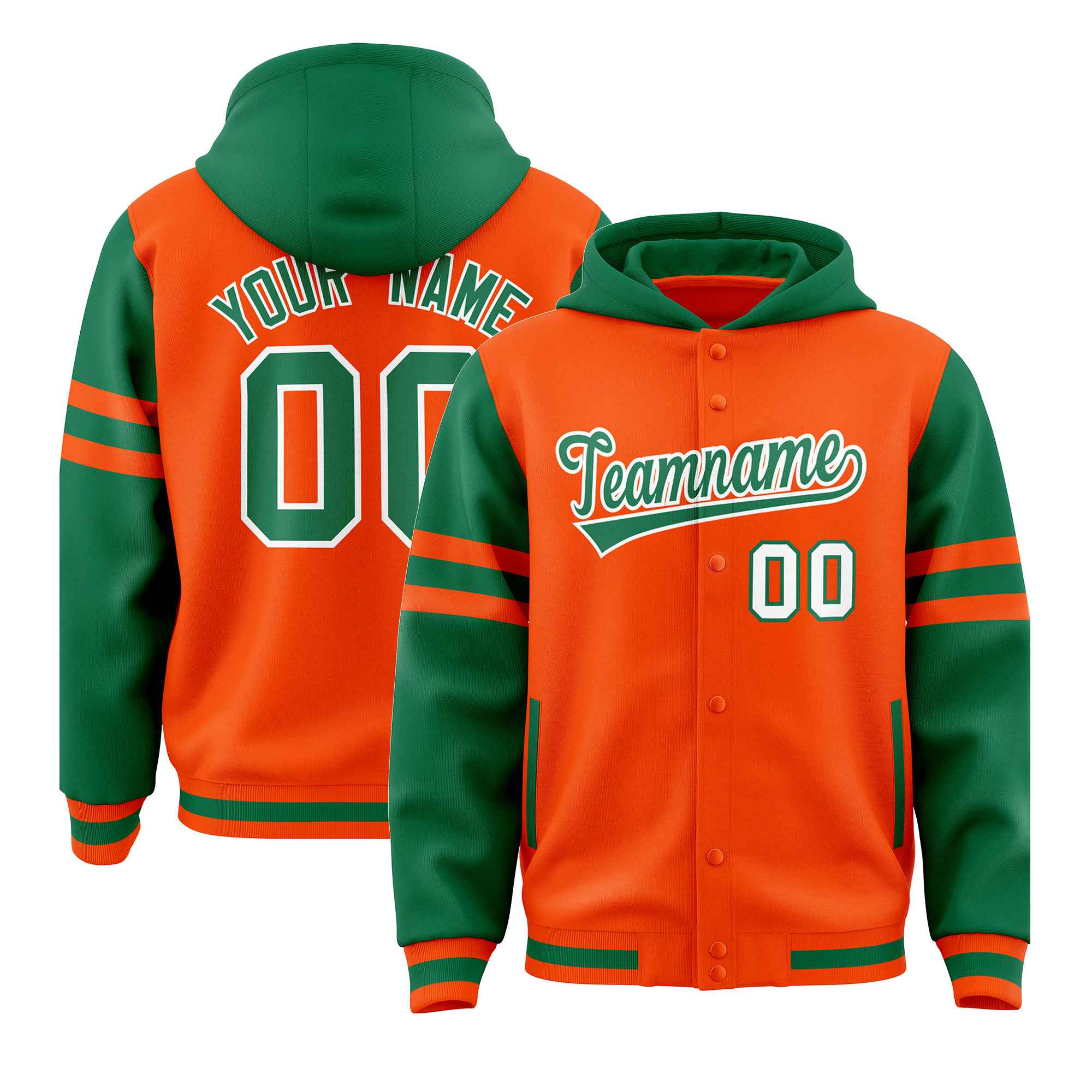 Custom Orange Kelly Green Raglan Sleeves Varsity Full-Snap Letterman Three Stripes Hoodie Jacket