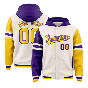 Custom Cream Purple-Gold Raglan Sleeves Varsity Full-Snap Letterman Three Stripes Hoodie Jacket