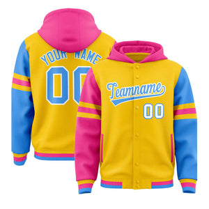 Custom Gold Pink-Powder Blue Raglan Sleeves Varsity Full-Snap Letterman Three Stripes Hoodie Jacket