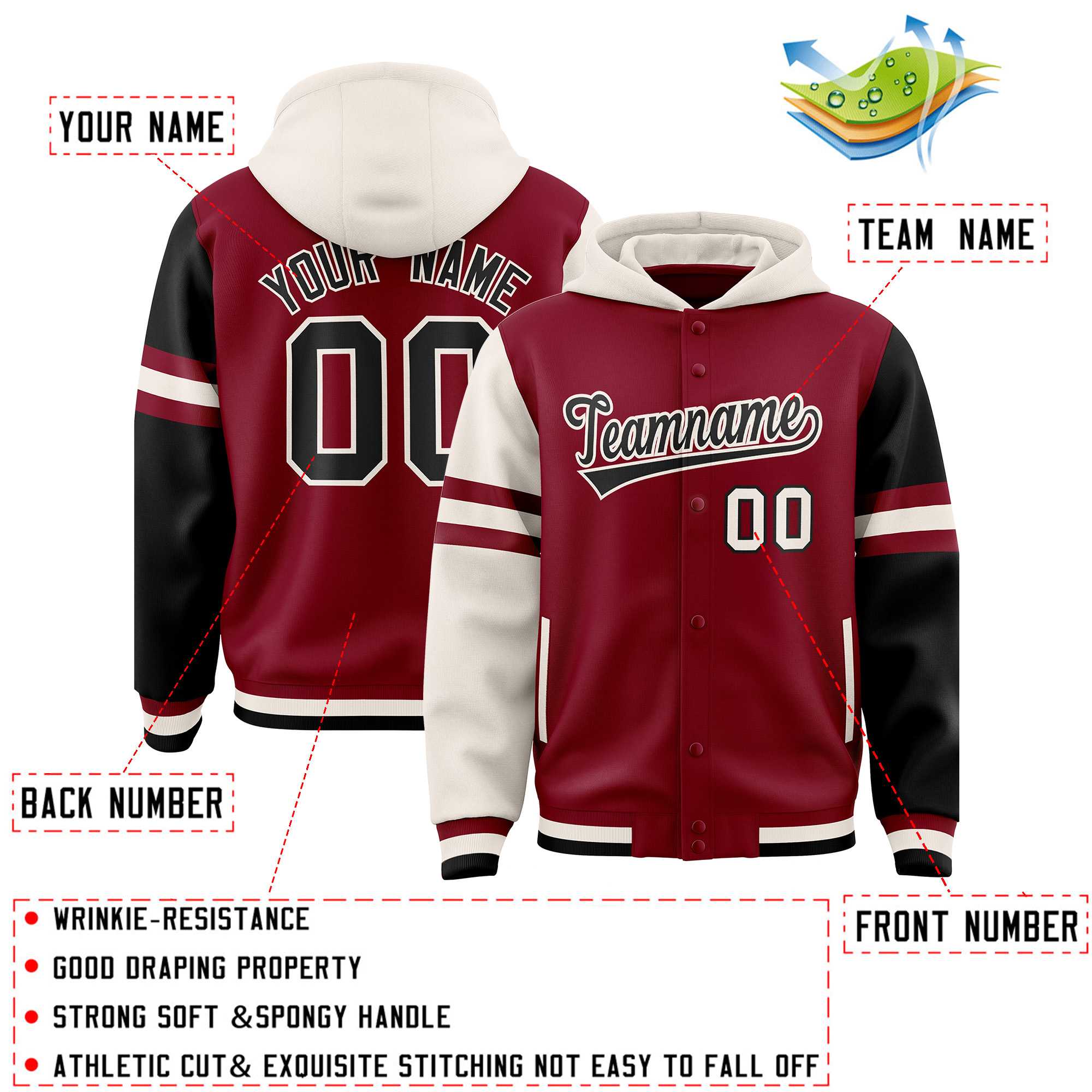 Custom Crimson Cream-Black Raglan Sleeves Varsity Full-Snap Letterman Three Stripes Hoodie Jacket