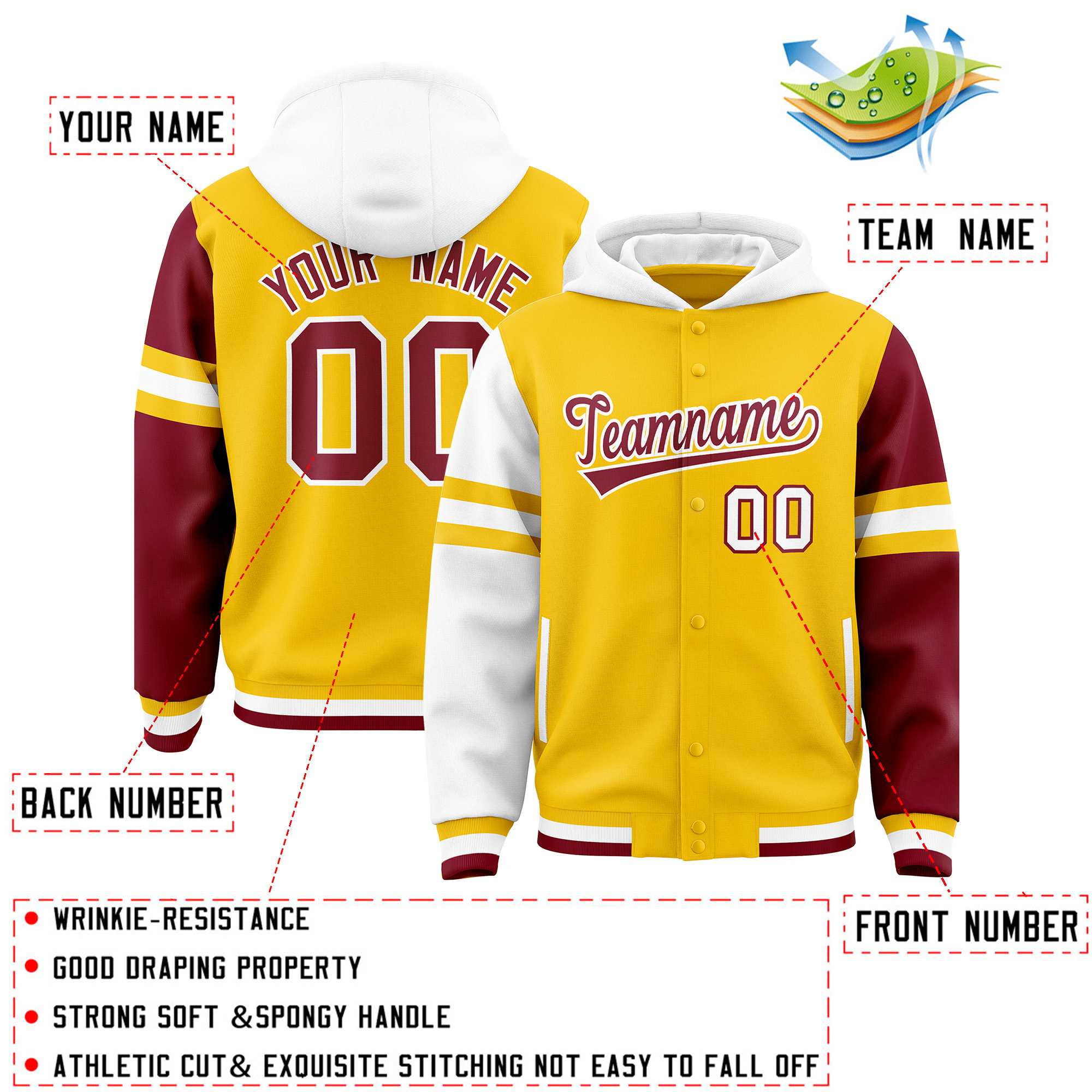 Custom Gold White-Crimson Raglan Sleeves Varsity Full-Snap Letterman Three Stripes Hoodie Jacket