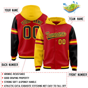 Custom Red Gold-Black Raglan Sleeves Varsity Full-Snap Letterman Three Stripes Hoodie Jacket