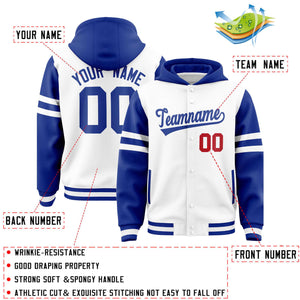 Custom White Royal Raglan Sleeves Varsity Full-Snap Letterman Three Stripes Hoodie Jacket