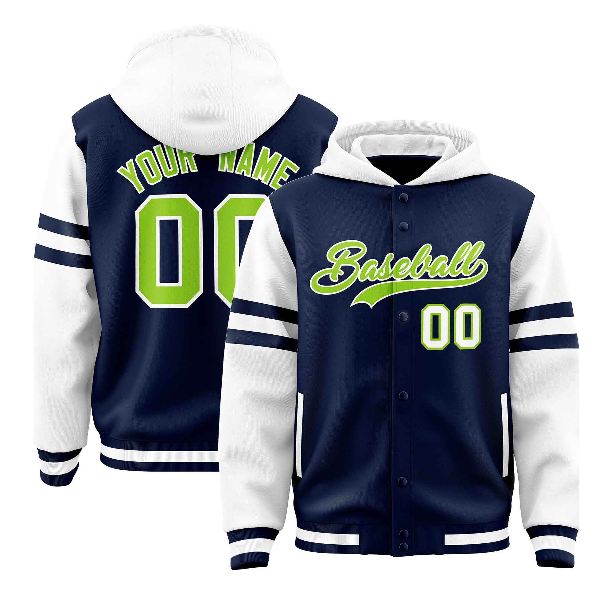 Custom Navy White Raglan Sleeves Varsity Full-Snap Letterman Three Stripes Hoodie Jacket