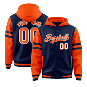 Custom Navy Orange Raglan Sleeves Varsity Full-Snap Letterman Three Stripes Hoodie Jacket