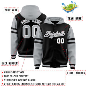 Custom Black Silver Raglan Sleeves Varsity Full-Snap Letterman Three Stripes Hoodie Jacket