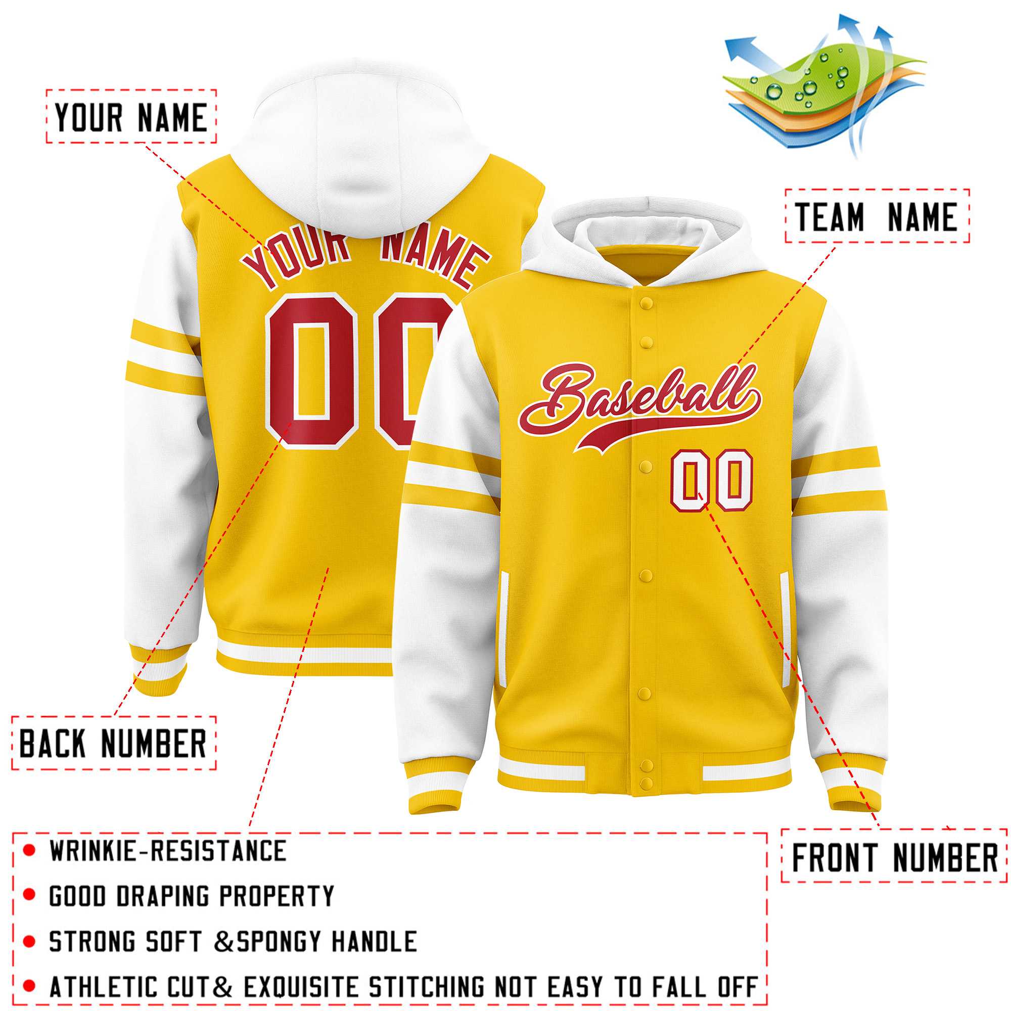 Custom Gold White Raglan Sleeves Varsity Full-Snap Letterman Three Stripes Hoodie Jacket