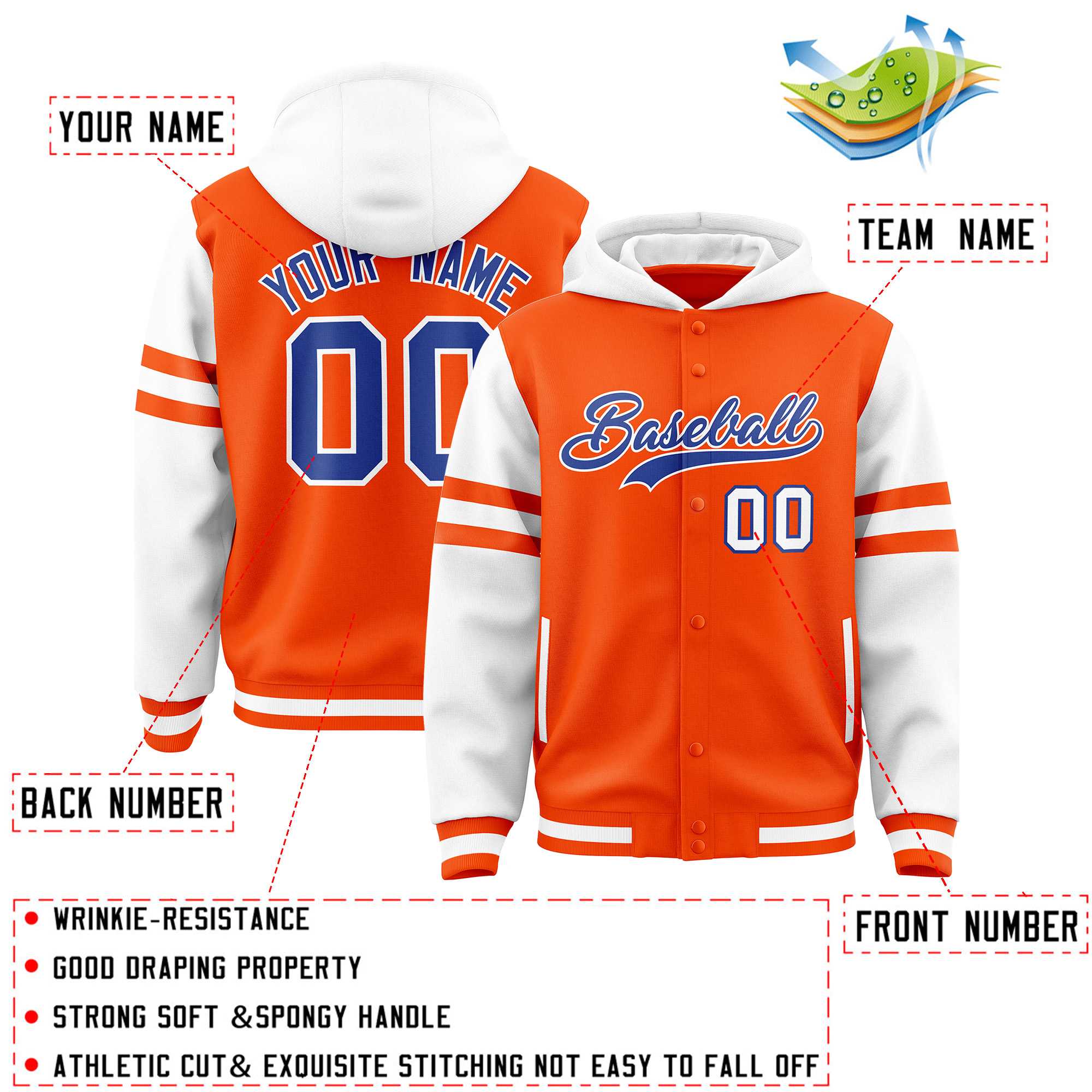 Custom Orange White Raglan Sleeves Varsity Full-Snap Letterman Three Stripes Hoodie Jacket