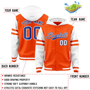 Custom Orange White Raglan Sleeves Varsity Full-Snap Letterman Three Stripes Hoodie Jacket