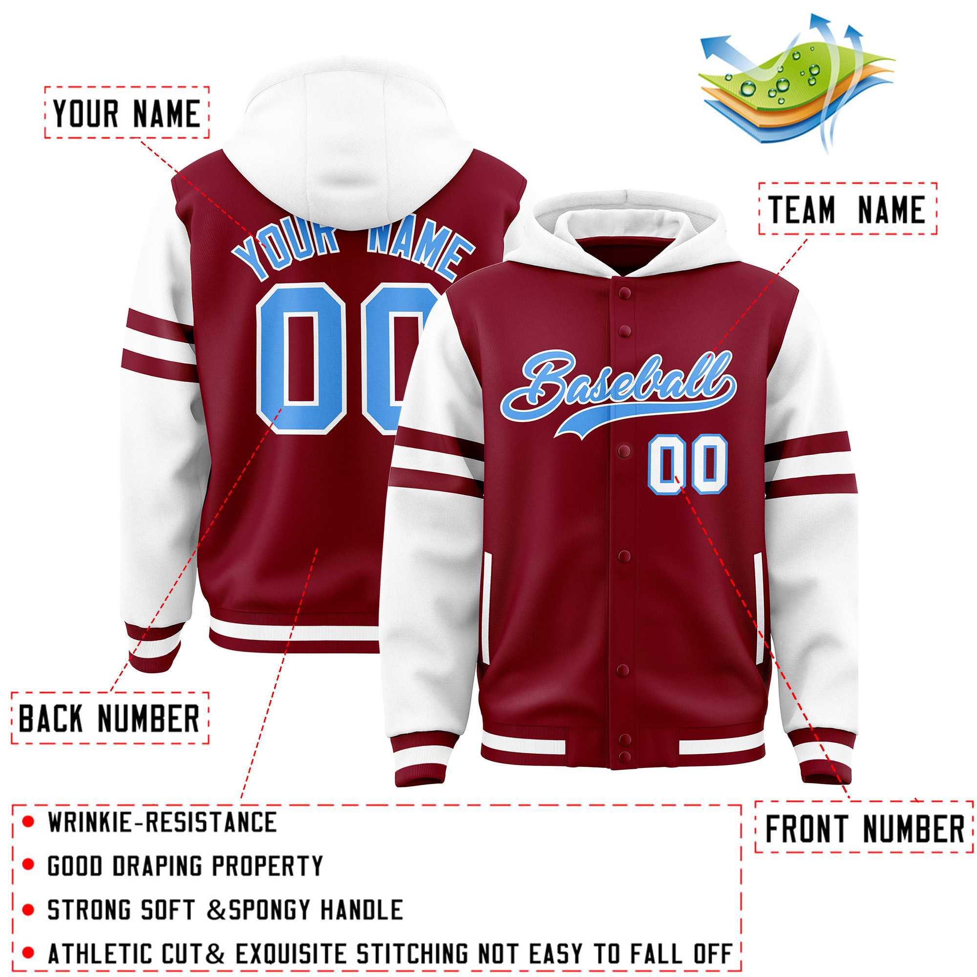 Custom Crimson White Raglan Sleeves Varsity Full-Snap Letterman Three Stripes Hoodie Jacket