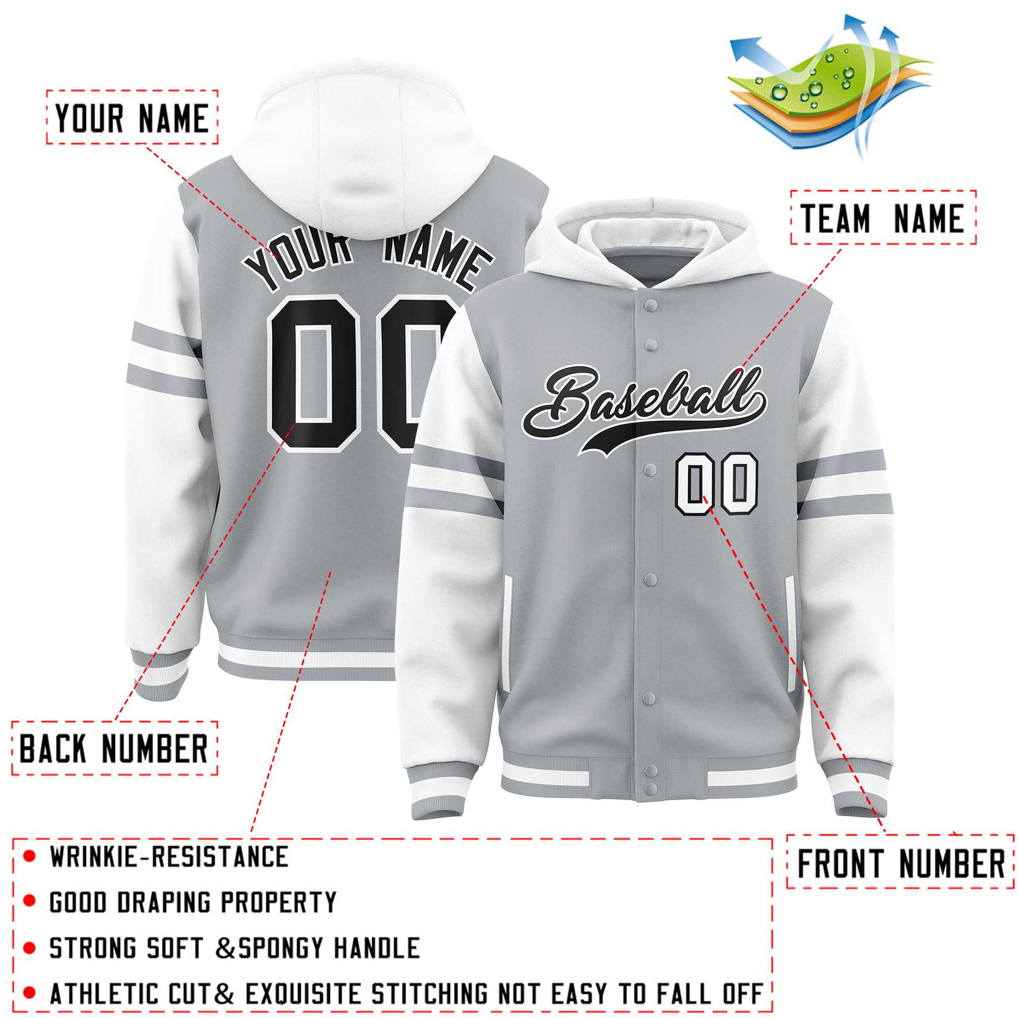 Custom Silver White Raglan Sleeves Varsity Full-Snap Letterman Three Stripes Hoodie Jacket