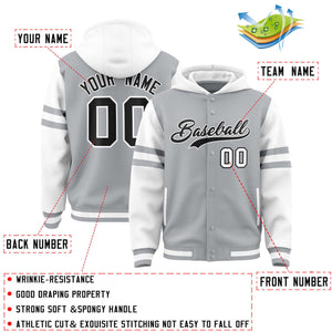 Custom Silver White Raglan Sleeves Varsity Full-Snap Letterman Three Stripes Hoodie Jacket