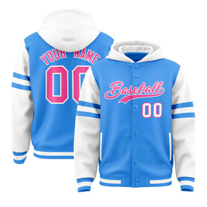 Custom Powder Blue White Raglan Sleeves Varsity Full-Snap Letterman Three Stripes Hoodie Jacket