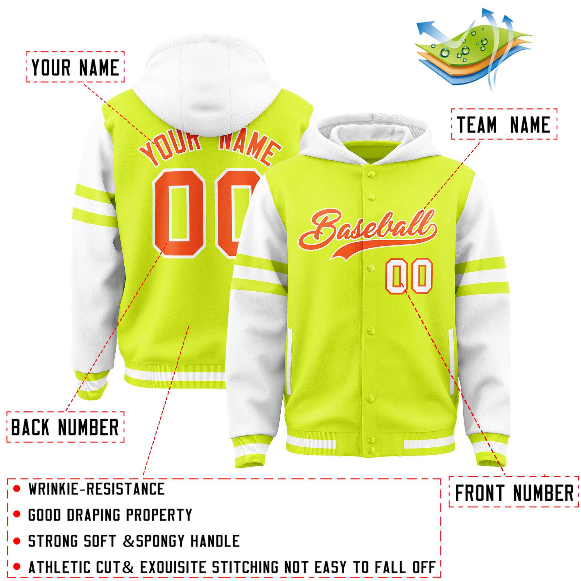 Custom Fluorescent Green White Raglan Sleeves Varsity Full-Snap Letterman Three Stripes Hoodie Jacket