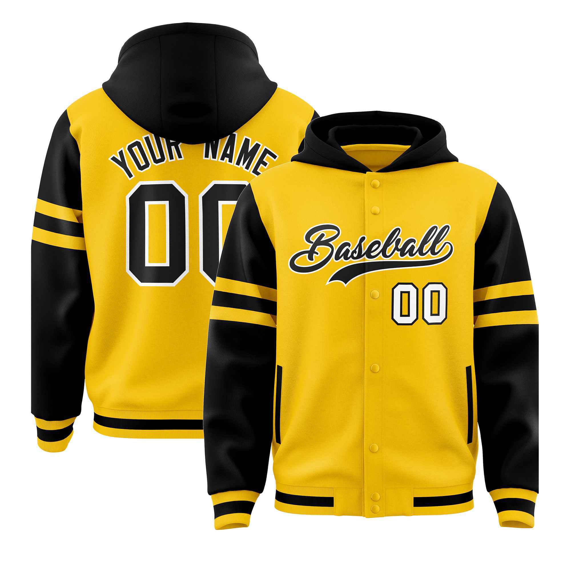 Custom Gold Black Raglan Sleeves Varsity Full-Snap Letterman Three Stripes Hoodie Jacket