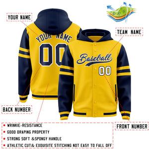 Custom Gold Navy Raglan Sleeves Varsity Full-Snap Letterman Three Stripes Hoodie Jacket