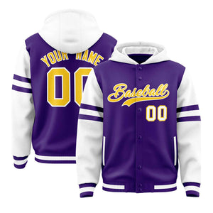 Custom Purple White Raglan Sleeves Varsity Full-Snap Letterman Three Stripes Hoodie Jacket