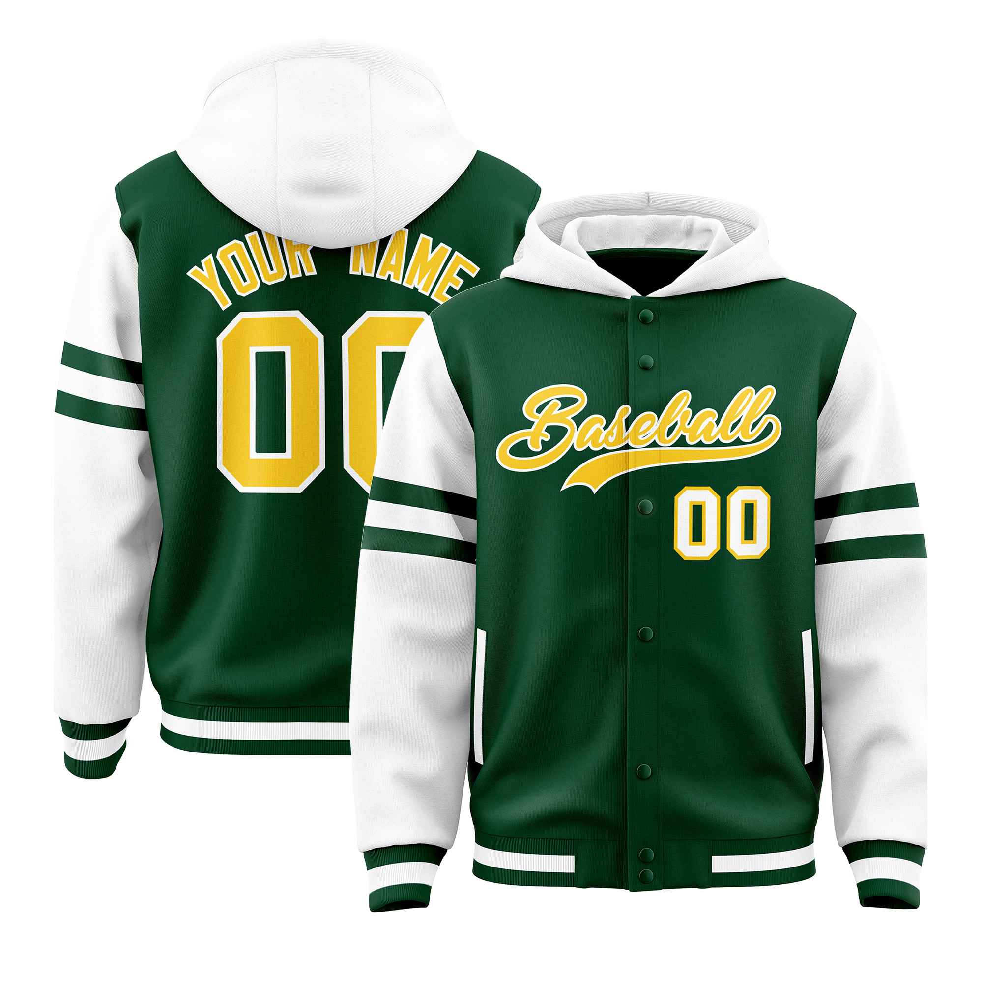 Custom Green White Raglan Sleeves Varsity Full-Snap Letterman Three Stripes Hoodie Jacket