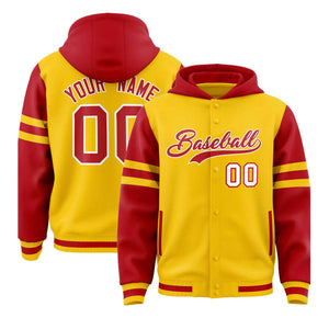 Custom Gold Red Raglan Sleeves Varsity Full-Snap Letterman Three Stripes Hoodie Jacket