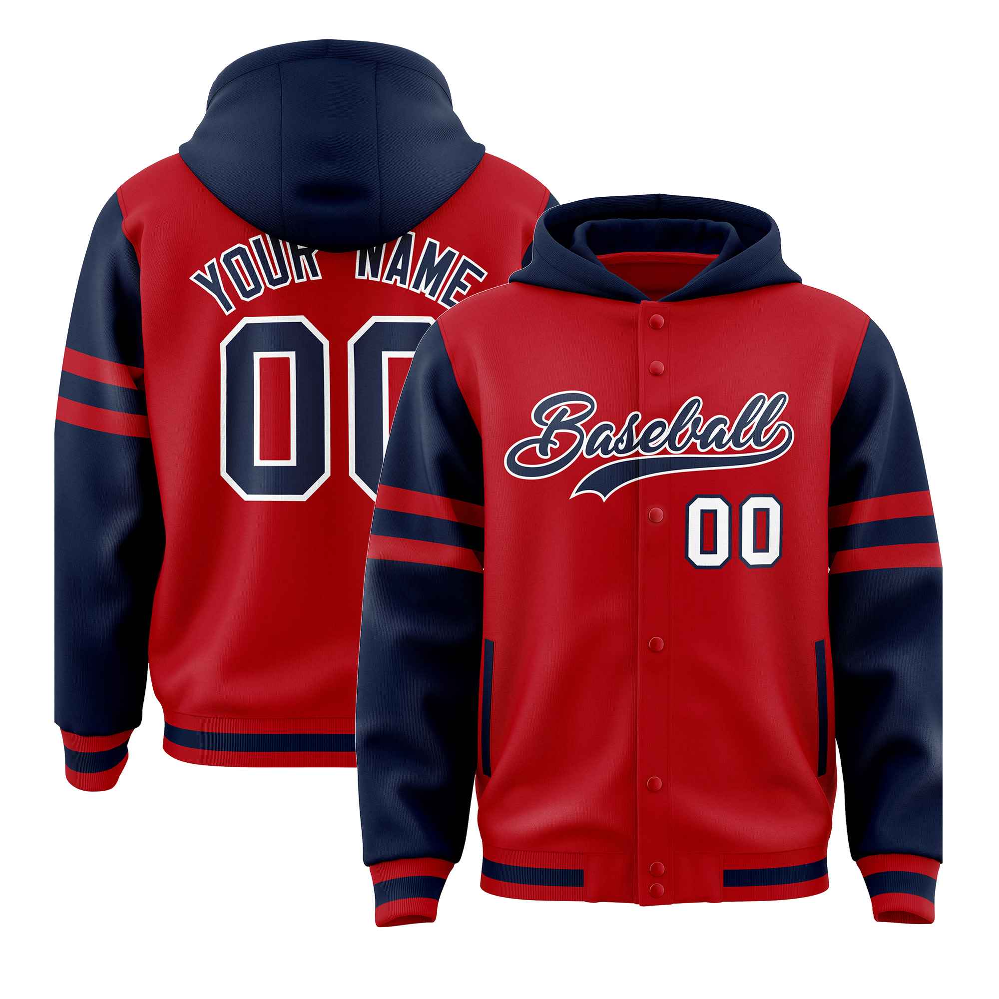 Custom Red Navy Raglan Sleeves Varsity Full-Snap Letterman Three Stripes Hoodie Jacket