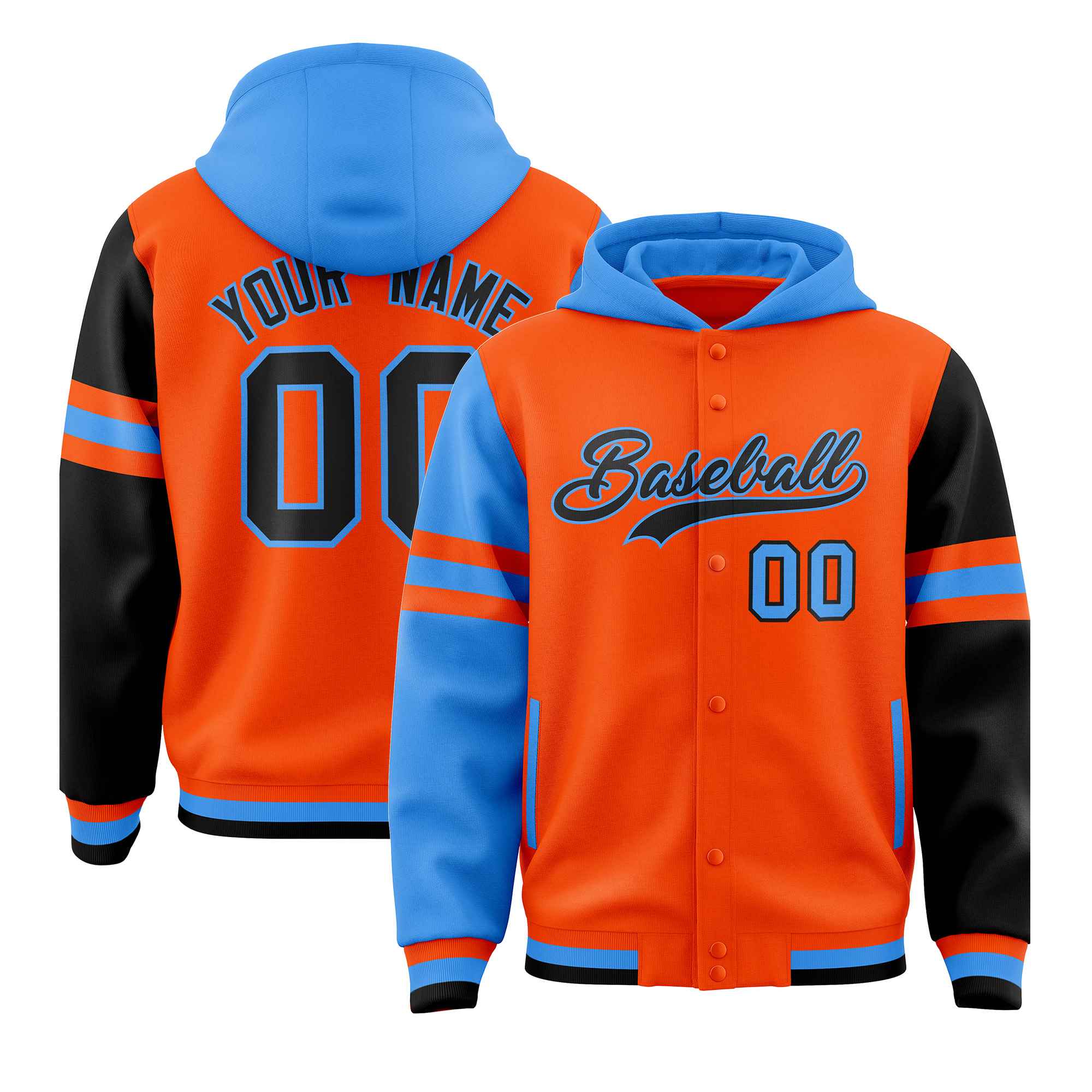 Custom Orange Powder Blue-Black Raglan Sleeves Varsity Full-Snap Letterman Three Stripes Hoodie Jacket