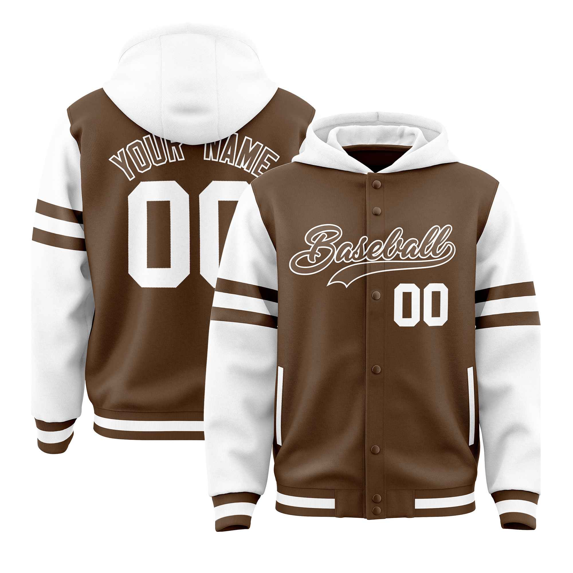 Custom Light Brown White Raglan Sleeves Varsity Full-Snap Letterman Three Stripes Hoodie Jacket