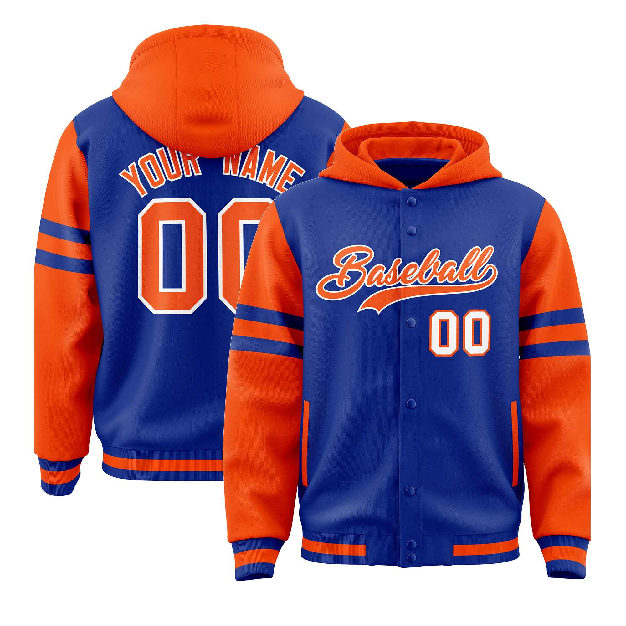 Custom Royal Orange Raglan Sleeves Varsity Full-Snap Letterman Three Stripes Hoodie Jacket