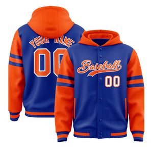 Custom Royal Orange Raglan Sleeves Varsity Full-Snap Letterman Three Stripes Hoodie Jacket