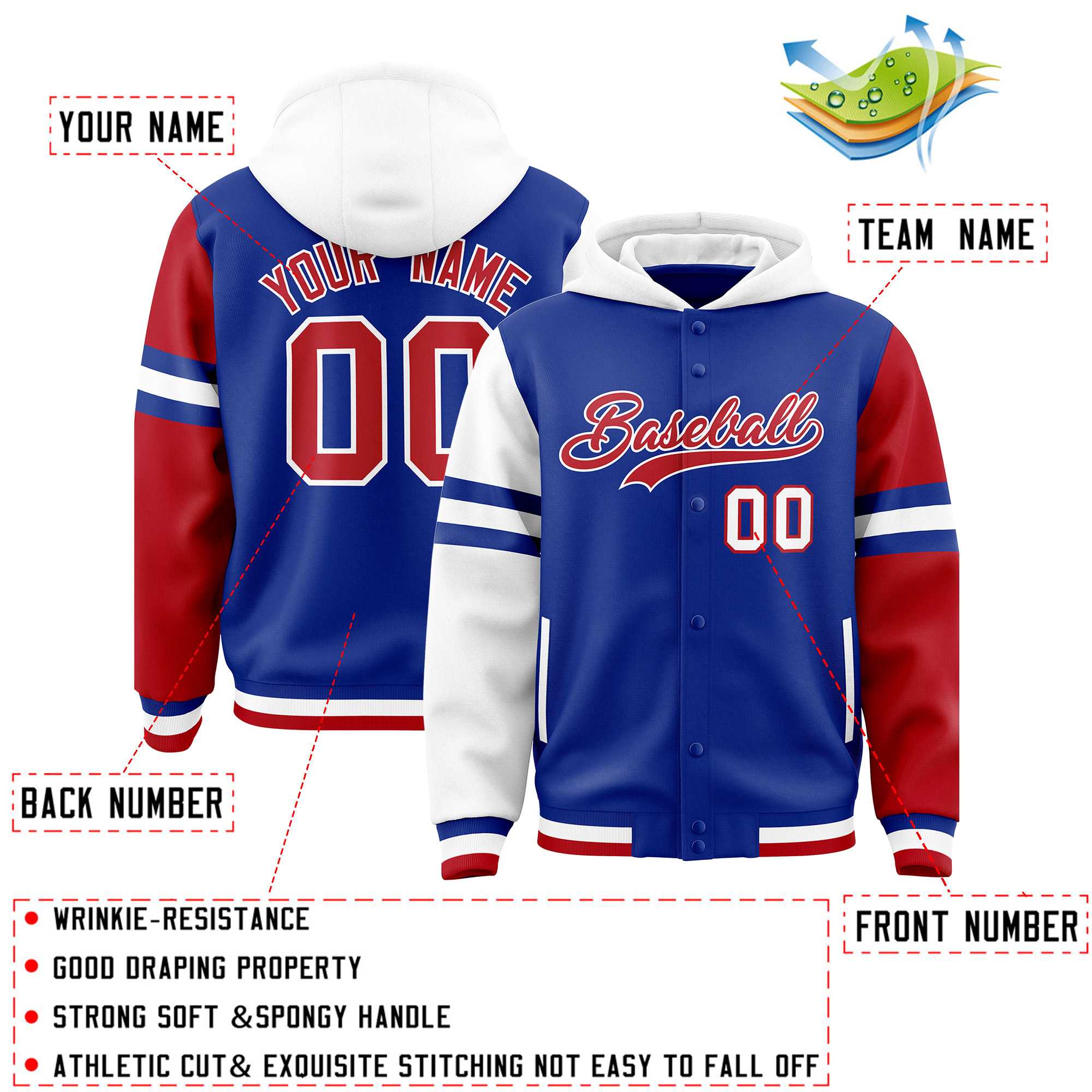 Custom Royal White-Red Raglan Sleeves Varsity Full-Snap Letterman Three Stripes Hoodie Jacket