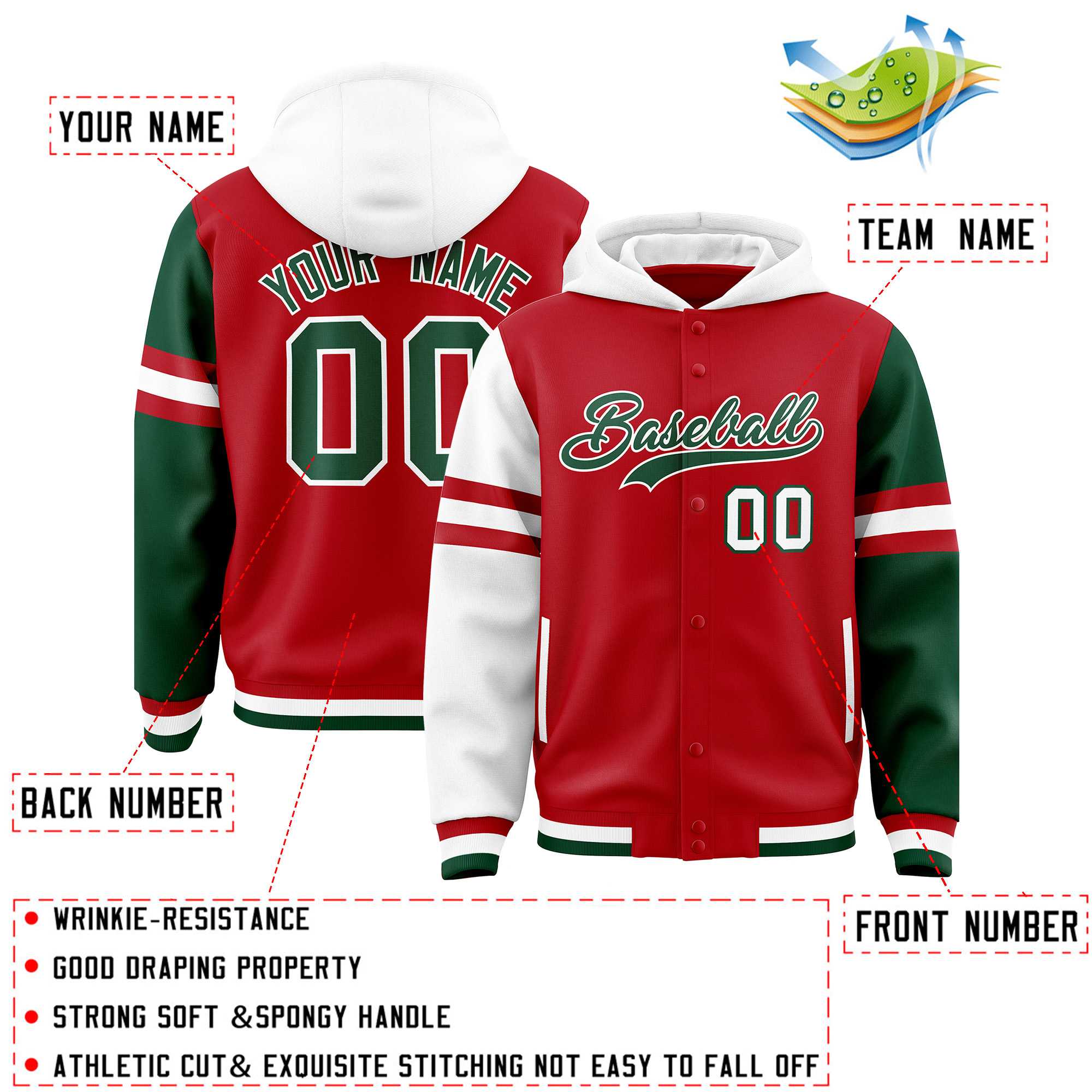 Custom Red White-Green Raglan Sleeves Varsity Full-Snap Letterman Three Stripes Hoodie Jacket