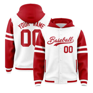 Custom White Red Raglan Sleeves Varsity Full-Snap Letterman Three Stripes Hoodie Jacket