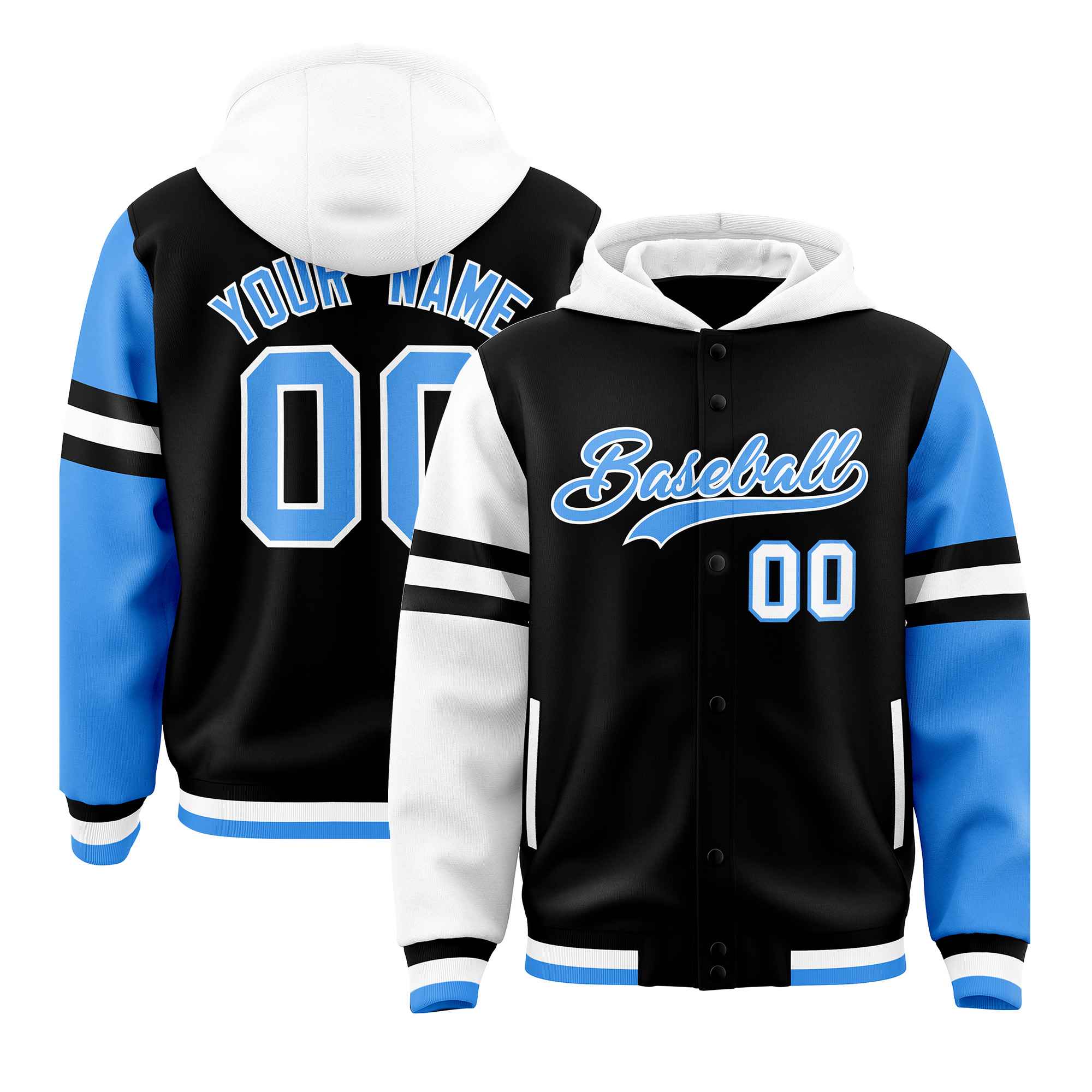 Custom Black White-Powder Blue Raglan Sleeves Varsity Full-Snap Letterman Three Stripes Hoodie Jacket