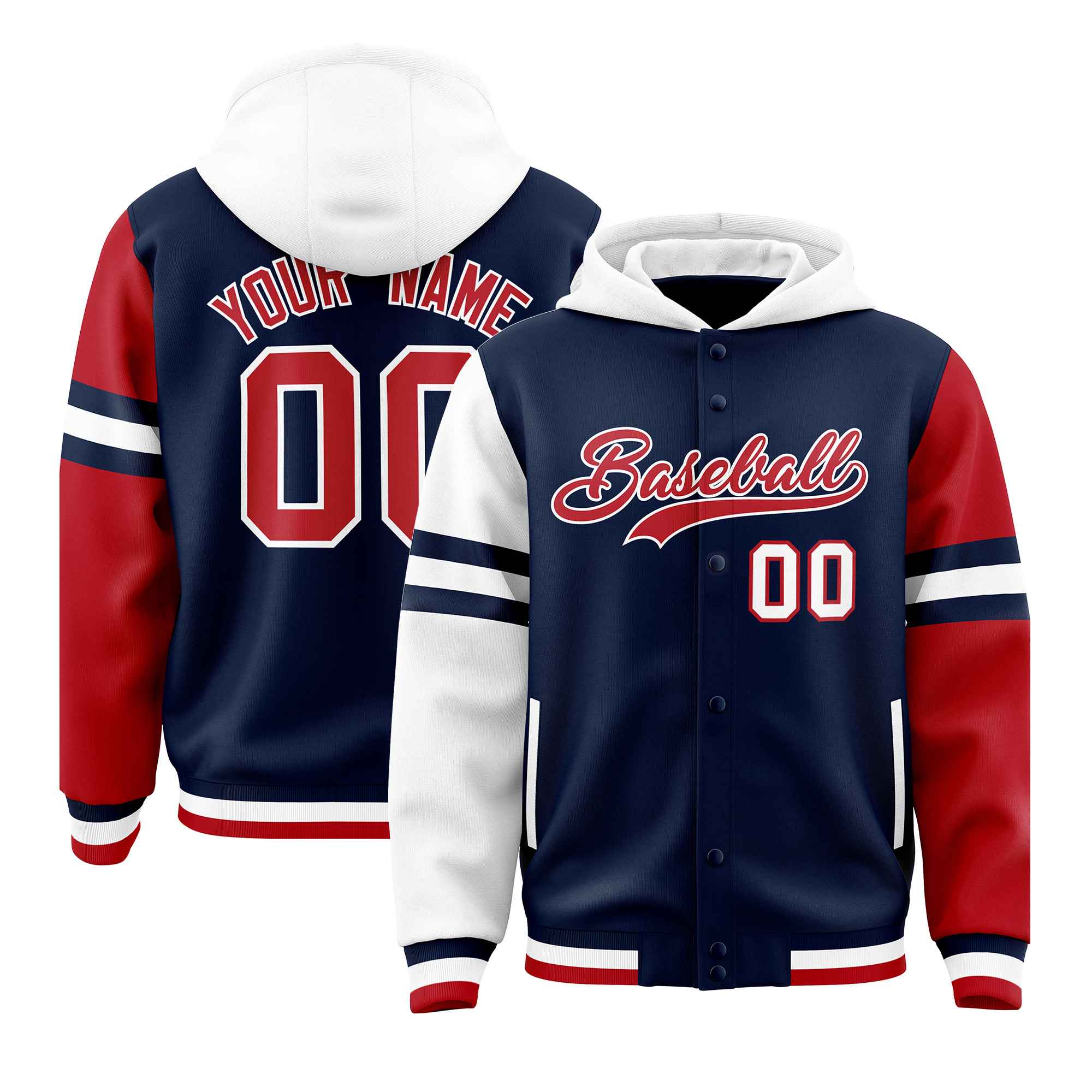 Custom Navy White-Red Raglan Sleeves Varsity Full-Snap Letterman Three Stripes Hoodie Jacket