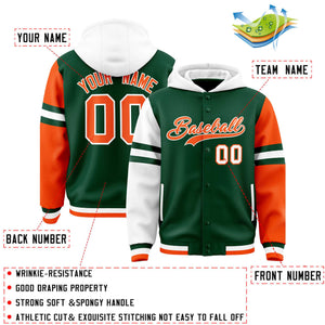 Custom Green White-Orange Raglan Sleeves Varsity Full-Snap Letterman Three Stripes Hoodie Jacket