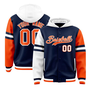 Custom Navy White-Orange Raglan Sleeves Varsity Full-Snap Letterman Three Stripes Hoodie Jacket